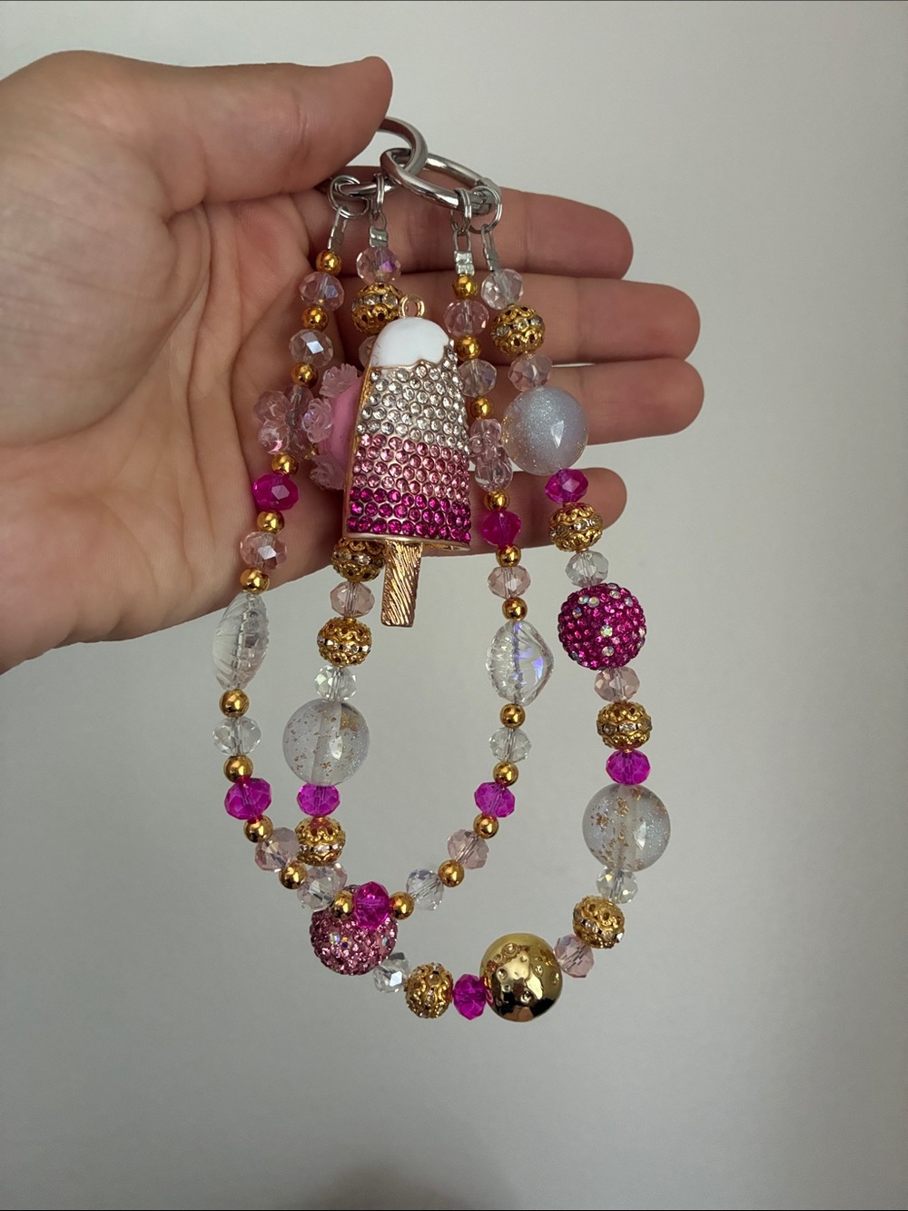 FINAL SALE🎀 Pink & Gold Beaded Ice Pop Keychain Charm - Picture 2 of 5